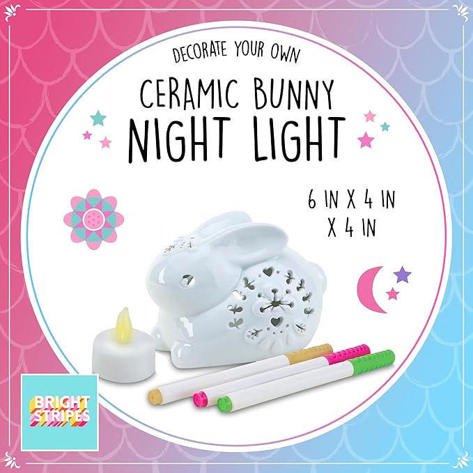 Bright Stripes LED Candle Critters|Color Your Own Ceramic Bunny|Age 6+|DIY Creative Kids Set|Includes 3 Ceramic Markers,LED Candle Light,House Shaped Box & Instruction|Perfect for Kids Birthday Gift