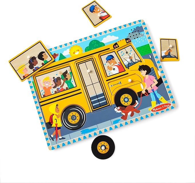 Melissa & Doug The Wheels on The Bus Song Puzzle – 8-Piece Wooden Peg Puzzle with Light-Activated Sounds, Music Learning Toy for Toddlers and Preschoolers Ages 2+