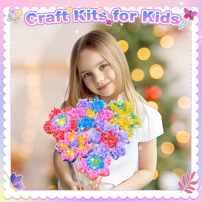 MDINGTD Toys for 4 5 6 7 8+ Year Old Girls, Poke Art Flower Bouquet with 8 Flowers & 2 Butterflies Arts and Crafts for Girls Ages 4-12 DIY Creative Activity Birthday Xmas Gifts Craft Kits