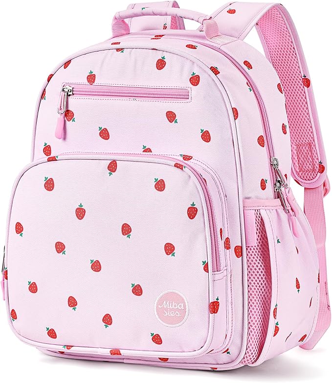 mibasies Girls Backpack 5-8: Lightweight Kids Backpacks for Girls - Girl Bookbag for Elementary School - Strawberry Light Pink