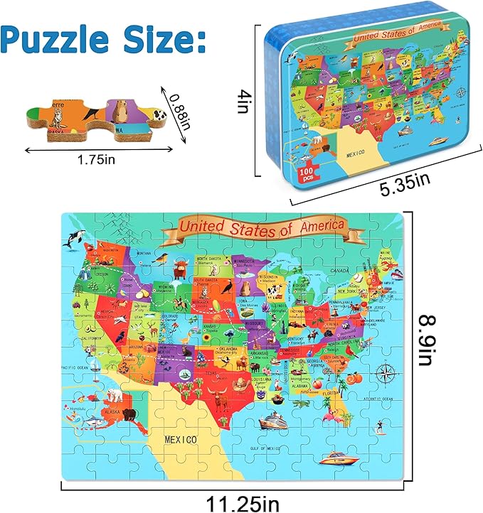 LELEMON Puzzles for Kids Ages 4-6,USA Map 100 Piece Puzzles for Kids Ages 4-8 in a Metal Box,Educational Jigsaw Puzzles 100 Piece Puzzle Games Puzzle Toys for Girls and Boys