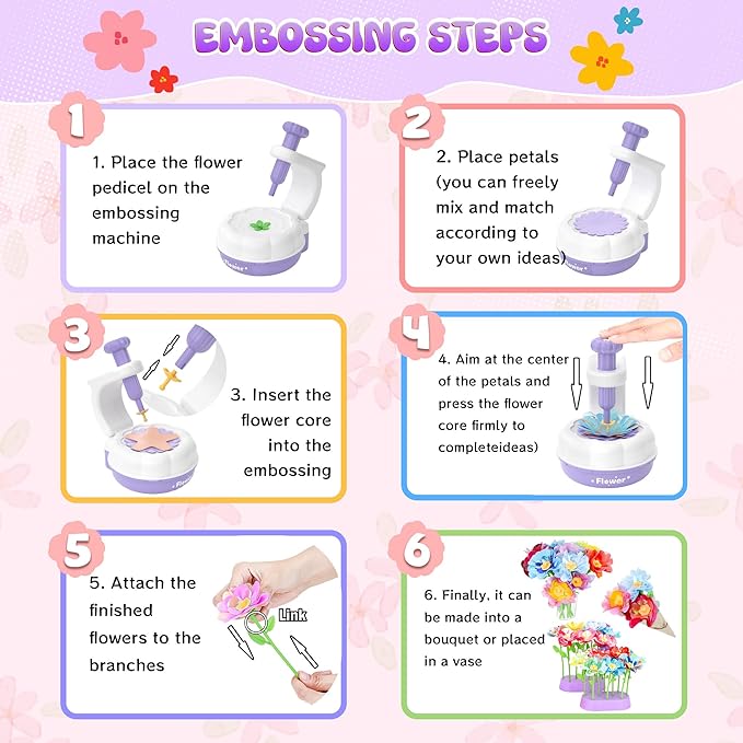GirlsHome 300+PCS Fabric Flower Bouquets Toys, DIY Flower Crafts Kits for Kids, Arts and Crafts for Kids Ages 6-8 Girls, Build Flower Bouquet, STEM Educational Toy Preschool Gifts (White Purple)