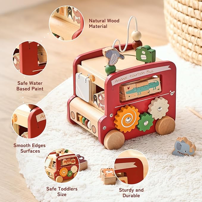Wooden Activity Cube 8-in-1 Montessori Toys | Multifunctional Early Educational Learning Toys | Wooden Toy for Baby Shape Sorter Xylophone Animal Travel Bus Boy Girl Birthday Gift（Red Bus）