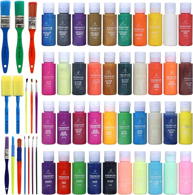 Kids Tempera Paint Set | Value Pack Includes 40 Washable Non-Toxic Colorful Paints (2oz bottles) & 15 Brushes | Metallic, Neon, Glow In The Dark, Glitter Paints | Paint For Arts & Crafts, Fun Projects