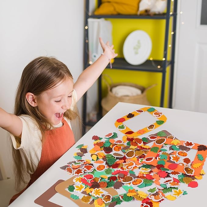 Fovths 24 Packs Fall Foam Picture Frame Kits Thanksgiving DIY Frame Crafts Fall Leaf Picture Craft Autumn Theme Picture Frames with 300 Leaf Stickers for Thanksgiving Party Favors Birthday