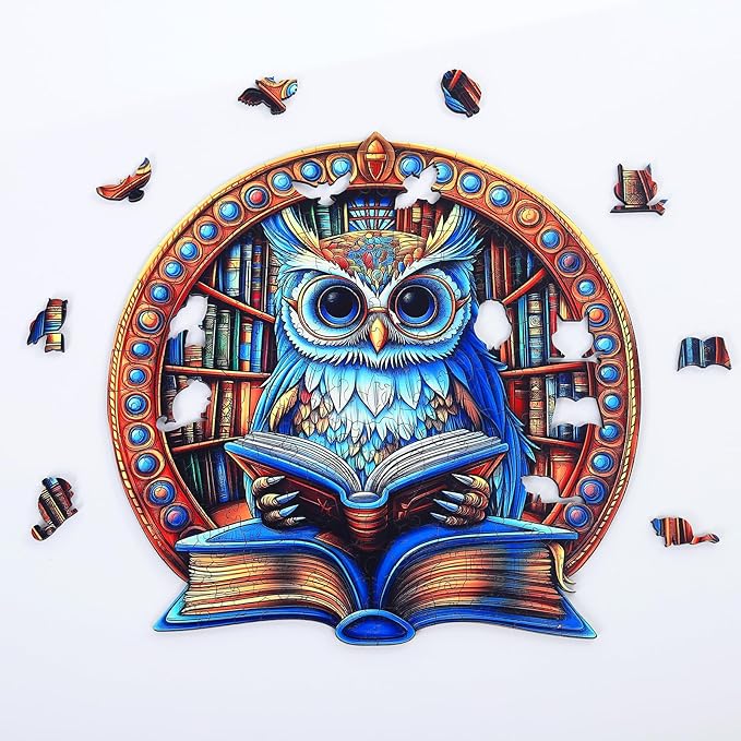 Wooden Jigsaw Puzzles for Adults, Book Owl Puzzle, 300 Pieces Unique Animal Shaped Wooden Puzzle, Fun Challenging Family Games for Kids and Teens, 15.49" x 15.29", Gift Box Included
