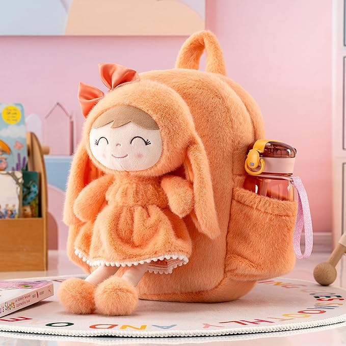 Gloveleya Back to School Gifts for Girls Toddler Backpack Plush Bag with Detachable Orange Rabbit 11 Inches Gift for Baby Girl Aged 2+