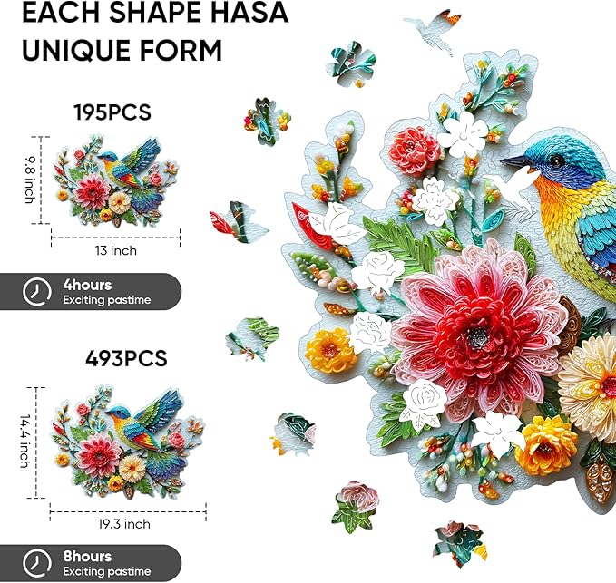 Wooden Puzzles for Adults, Embroidery Bird Jigsaw Puzzles, 195 Pieces Adults Puzzles, Best Gifts for Puzzle Lover, Family Brain Game, 9.8x13 inch