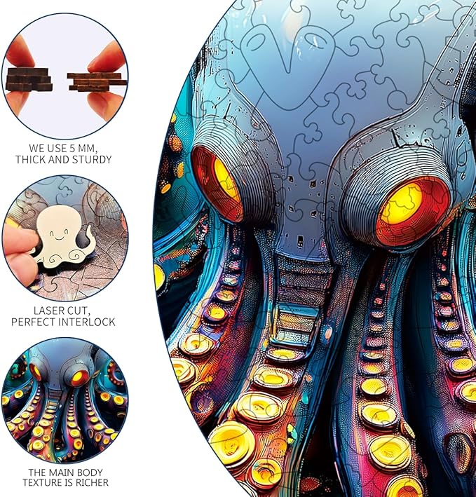 Wooden Jigsaw Puzzle, 200-500 Pieces Unique Shape Animal Puzzle, for Adults & Kids, Birthday Gift Family Game, Decorative Puzzle, Unique Gift (Techno Octopus, 200 PCS)