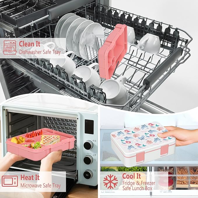 Chill Lunch Box Kids, Leak Proof Adult Bento Box with Ice Pack, 6 Compartment Lunch Container with Utensils for Girl Boy Back to School, 5.5-Cup Capacity, Dishwasher Safe, BPA Free