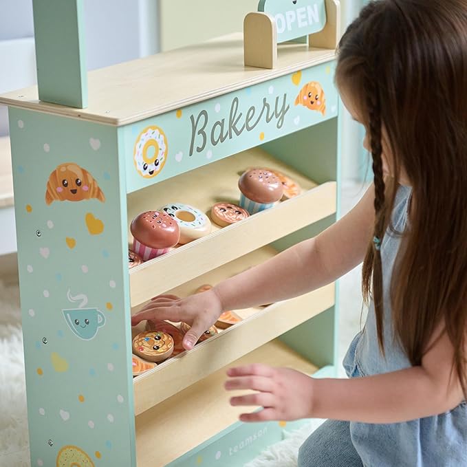 Teamson Kids Jolly Pals Wooden Bakery Market Stand Pretend Playset for Kids Ages 3+, Pastry Play Food Rotating Open/Close Sign, Hidden Storage Educational Role-Play, Pretend Play Wooden Market Stall