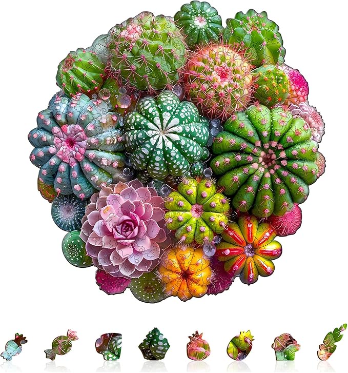 Wooden Puzzles for Adults, Cactus and Succulents Wooden Jigsaw Puzzle 3D Visual Effect Unique Shape Plant Wood Puzzles Adult, Birthday Gifts for Puzzle Lovers Family Games (M-11.4 * 11.3in-200pcs)