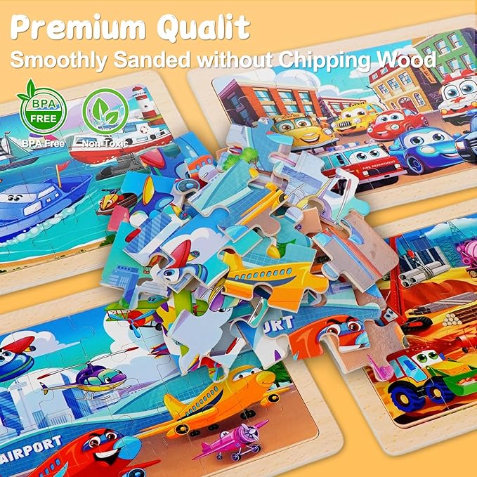 Wooden Jigsaw Puzzles for Kids Ages 3-6, 4 Pack with Vehicles Preschool Educational Toys, Toddler Puzzles Gift for 3 4 5 Year Old Boys Girls (Vehicles)