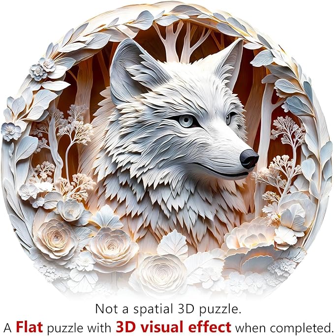 Wooden Puzzles for Adults, Flat Puzzle with 3D Visual Effect, White Wolf Wooden Jigsaw Puzzles for Adults 200 Piece, Unique Shape Wood Puzzles Adult, Wall Art Canvas Puzzle (M-11.4 * 11.4in)