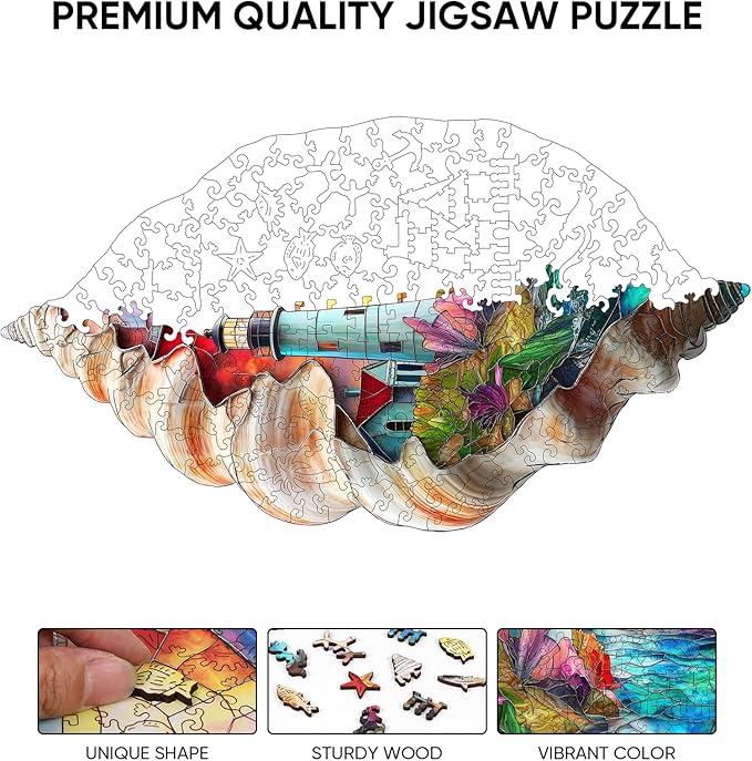 Wooden Puzzles for Adults 500 Pieces, Shell Lighthouse Jigsaw Puzzles, Unique Design Color Challenge Adult Puzzles for Family Brain Game Gift, Home Decor,12.8x23.2 inch