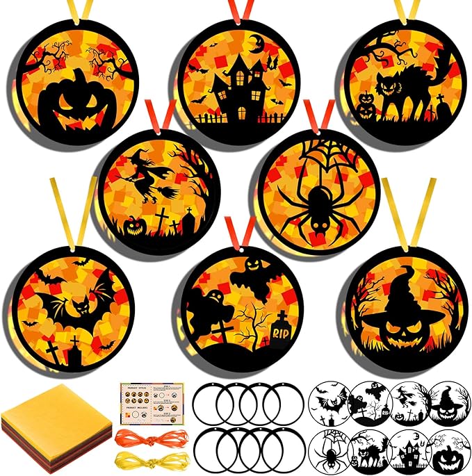 Funrous 32 Set Halloween Suncatchers Crafts Kit Orange Pumpkin Suncatcher Paper Crafts with Tissue Paper DIY Window Stained Glass Decor Hanging Ornaments for Halloween DIY Activities Party Favors