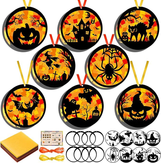 Funrous 32 Set Halloween Suncatchers Crafts Kit Orange Pumpkin Suncatcher Paper Crafts with Tissue Paper DIY Window Stained Glass Decor Hanging Ornaments for Halloween DIY Activities Party Favors