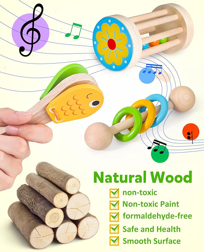 Coogam Wooden Musical Instruments for Toddlers, Tambourine Xylophone Castanet Flute Maracas Playset, Wood Percussion Rhythm Music Toy, Montessori Educational Learning Gift