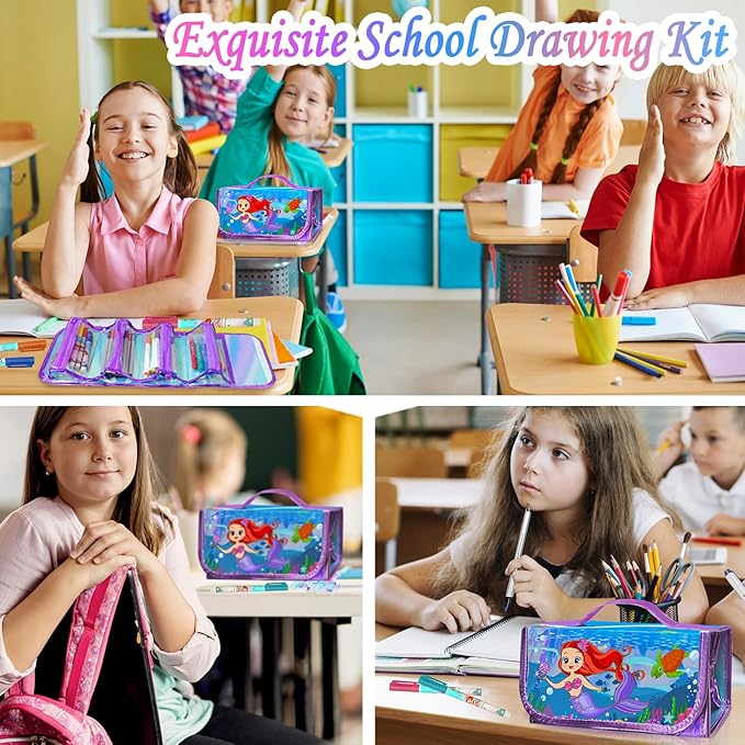 weirtoya 56 PCS Washable Scented Markers Set with Glitter Pencil Case, Mermaid Unicorn Arts and Crafts for kids 4-6-8 Kids Coloring Drawing Kits for 4-8 Years Old Girls Birthday Gifts