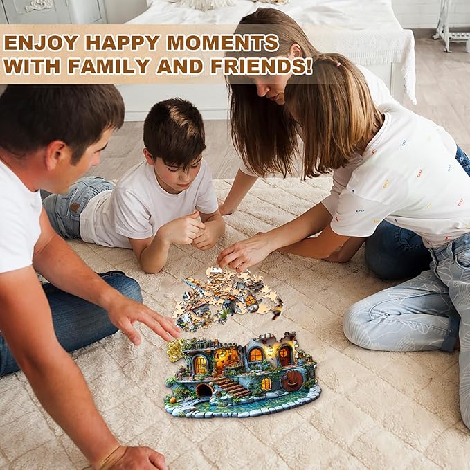 Wooden Puzzles for Adults, Wooden Jigsaw Puzzles for Adults Kids, 3D Glow Cottage Unique Shaped Wood Puzzles Adult, Creative Gifts for Friends Family Game, Home Decor(11.4 * 11.3in 185pcs)