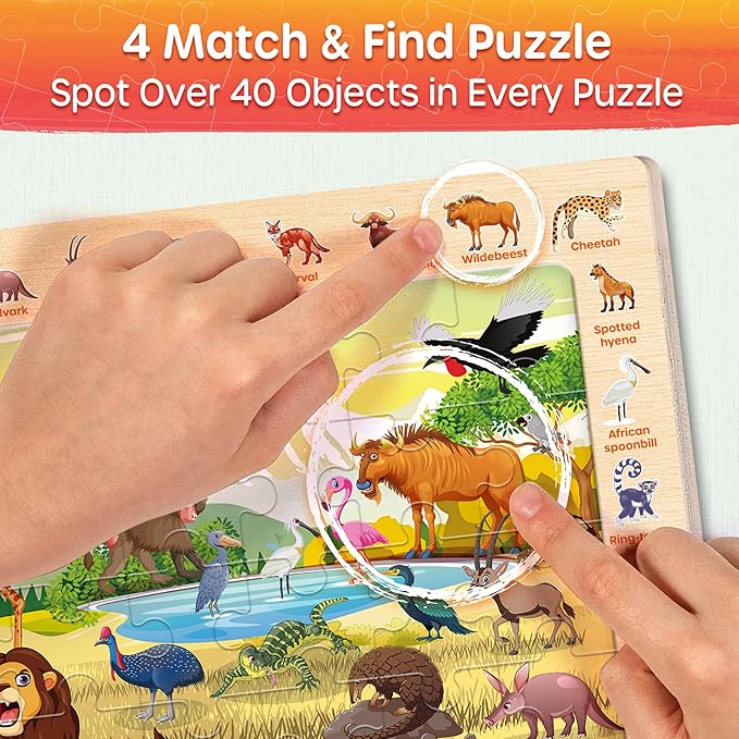 SYNARRY Wooden Puzzles for Kids Ages 4-6, 4 x 60 Piece Match & Find Puzzles for Kids Ages 3-5 Boys Girls, Educational Toys Gifts for 4-8 yo for Learning Jungle Savannah Polar Animals & City Life