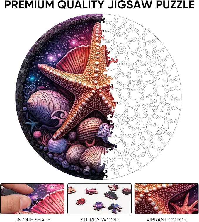Wooden Puzzles for Adults 500 Pieces, Colorful Starfish Jgsaw Puzzles, Adult Puzzles Home Decor Gift Family Brain Game for Men Women Elders Seniors,16.5x16.5 inch