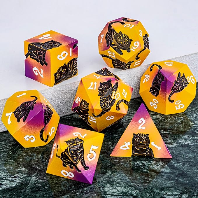 Metal DND Cat Dice 7PCS Polyhedral RPG Dice Set with Gift Case for Dungeons Dragons Role Playing Game, D and D Dice D6 D8 D10 D12 D20 D% (Purple Yellow)