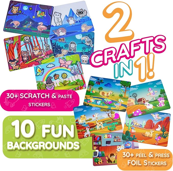 Craftikit ® Award-Winning Foil Art & Rainbow Scratch Art for Kids - 2-in-1 Arts and Crafts Kit for Kids Ages 4-10 - Animal Theme for Girls, Boys & Toddlers Ages 4, 5, 6, 7, 8, 9, 10