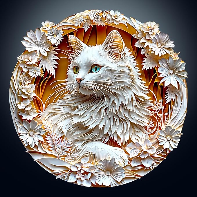 Wooden Puzzle for Adults-3D Visual Effect White Cat Wooden Puzzle Unique Shape Advanced Wooden Jigsaw Puzzle for Adult, Best Birthday Gifts,Halloween Challenge Craft (M-11.4 * 11.3in-200pcs)