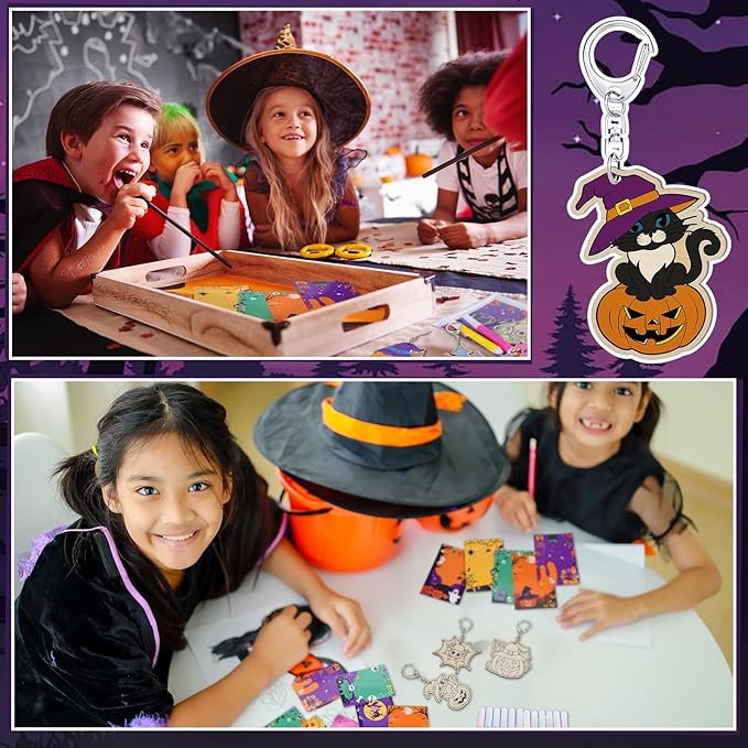 Trnayi 24 Sets Halloween Party Favors Gift Color Your Own Ghost Pumpkin Spider Witch Bat Unfinished Wooden Keychains DIY Crafts for Halloween Birthday Holiday Home Activities