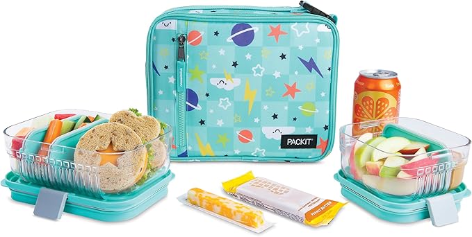 PackIt Freezable Classic Lunch Box, Happy Clouds, Built with ECOFREEZE Technology, Fully Freezable, Collapsible, Reusable, With Zip Front Pocket and Buckle Handle, Designed for Fresh Lunch On the Go