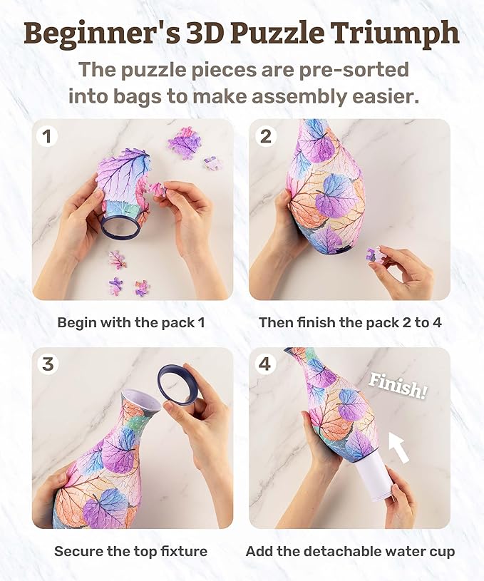 Pintoo 3D Puzzle Vase Unique Flower Vase Made by 160 Curved Plastic Puzzle Pieces House Warming Gift for Flower Arrangements and Home Decoration - [S1031] (Classic, Elegant Floral Print)