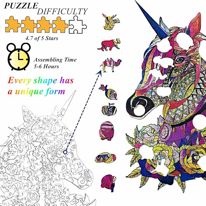 Wooden Jigsaw Puzzle for Adults,Unique Unicorn Animals Shaped Magic Jigsaw Puzzle Pieces Best Gift for Adults,Can be Used as a Cool Mouse Pad,157pcs,(11×7.5 inches) Large…