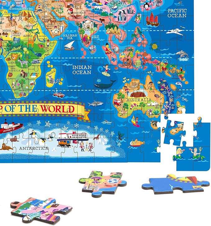 200 Pieces World Map Jigsaw Puzzle for Kids Ages 4-8, Environmental Recyclable Cardboard, Portable, Hand-Eye Coordination, Spark Educational Conversations
