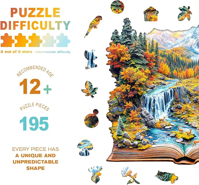 Wooden Puzzles for Adults - Autumn Wonderland Wooden Jigsaw Puzzle - Unique Animal Shaped Wood Puzzles Adult - Christmas Birthday Gifts for Adults/Friends/Family - 195pcs 11.4 * 11.1in
