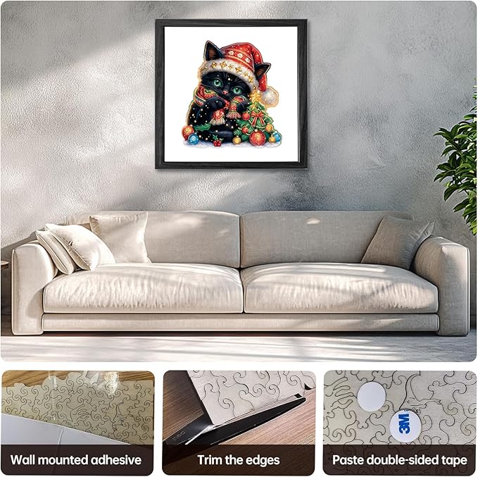 Wooden Jigsaw Puzzle for Adults,Christmas Cat Puzzle 200 Piece,Unique Shape Puzzle Challenge 11 x 11 Inch,Beautiful Wooden Puzzles Birthday Gifts for Adults Family Game