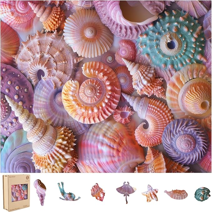 delobil Wooden Puzzles for Adults, Sea Shell Wooden 200 Piece Puzzles for Adults,Unique Shaped Jigsaw Puzzles, Fun Challenge Brain Health Family Game Creative Gift for Friends 11.8 x 9.6in
