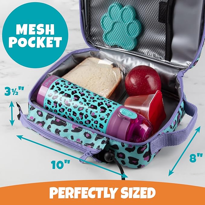 Bentology Kids Lunch Bag Set w Matching Reusable Water Bottle & Hard Ice Pack- Blue Purple Cheetah Cat- Insulated Tote, Stainless Steel Insulated Thermos, Hard Ice Pack- Back to School Lunchbox Kits