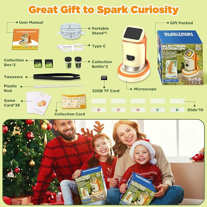 Microscope for Kids 2-in-1 Pocket Portable 1000X 2.0'' HD Screen Handheld Digital Microscopes with 10 Slides, Photo/Video, 6 Adjustable LEDs, Edu Science Kit Gift for Kids Age 5-7 8-12