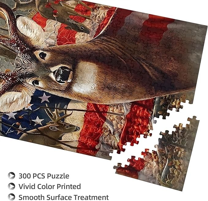 300 Pieces. American Flag Deer Puzzle/Premium Quality Wooden Jigsaw/Stress Reducing Toys/Educational Toys/Parent-Child Games/Puzzles Size: 15.7 x 11 in and 1:1 Original Picture Poster