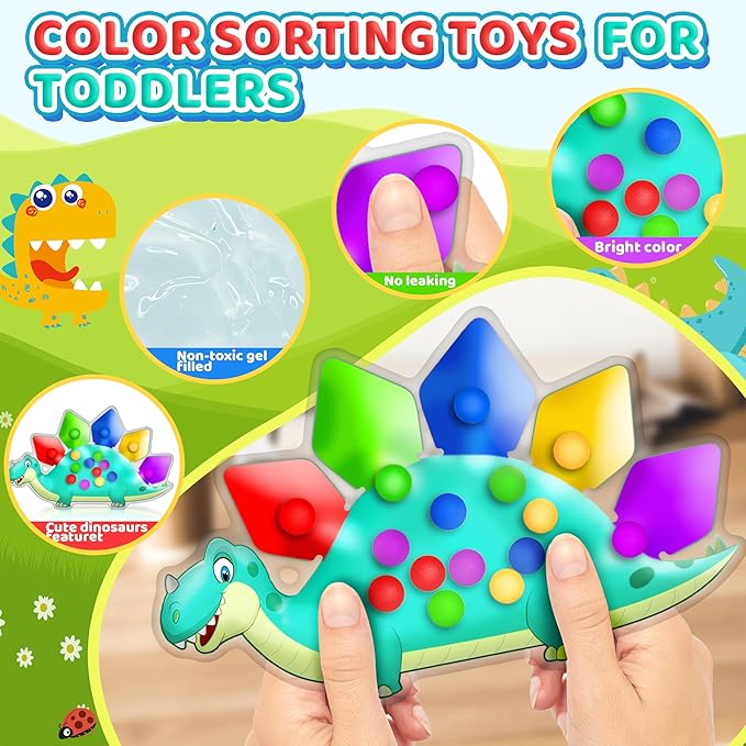 Dinosaur Color Sorting Sensory Toy for Toddler Activities Fine Motor Matching Game Roadtrip Travel Essential Autism Fidget for Preschool Classroom Christmas Stocking Stuffers Gift for Kid 3-5 Year Old