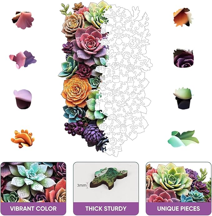 Wooden Jigsaw Puzzle, 200 Pcs Unique 3D Shape Jigsaw Puzzles, Wood Puzzle Gift Box Packing, Medium Size Letter, Creative Gift for Adults and Kids, Fun Challenging (EA4Succulent, 200PCS)