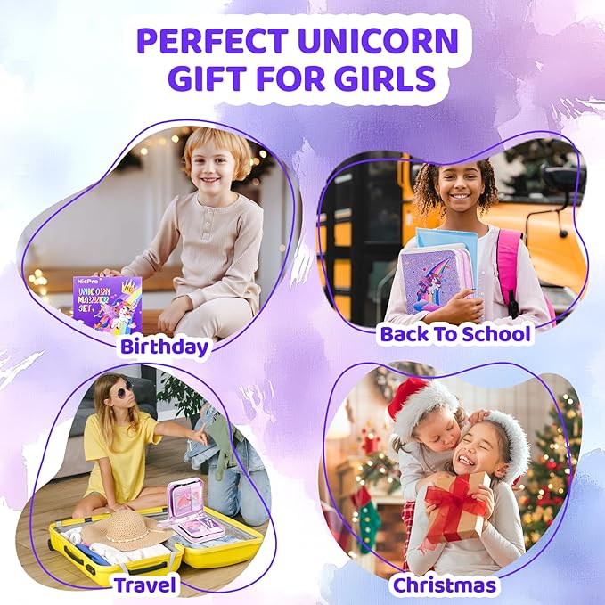 Nicpro 110PCS Unicorn Washable Markers Set with Glitter Pencil Case, Art Supplies for Kids Ages 4-6-8, Arts Crafts Coloring Set with Stickers, Unicorn Birthday Gifts for Girls 4 5 6 7 8 9 Year Old