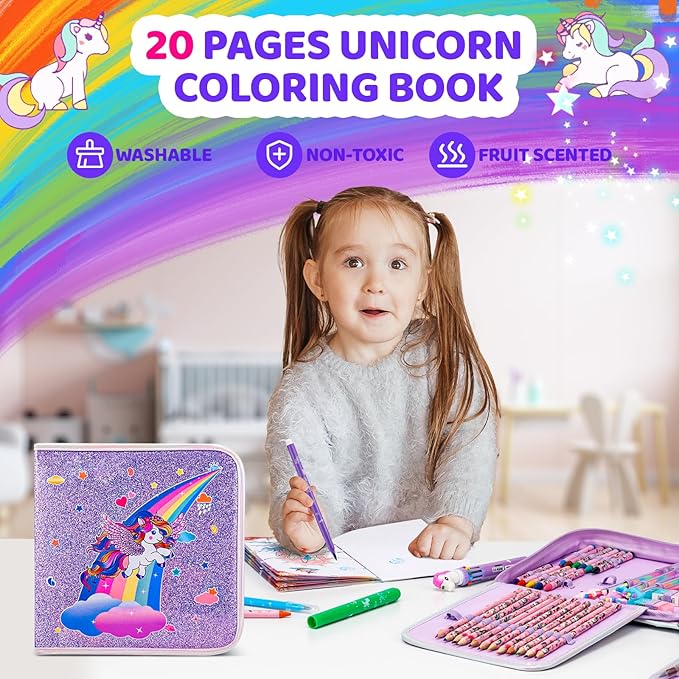 Nicpro 110PCS Unicorn Washable Markers Set with Glitter Pencil Case, Art Supplies for Kids Ages 4-6-8, Arts Crafts Coloring Set with Stickers, Unicorn Birthday Gifts for Girls 4 5 6 7 8 9 Year Old