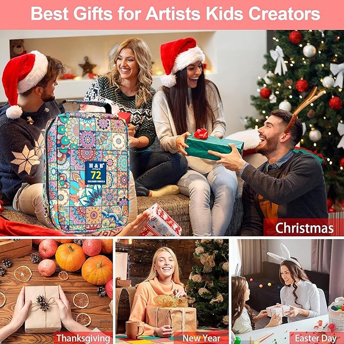 H & B Colored Pencils Set with Coloring Book, Eraser, and Sharpener - Perfect for Drawing and Coloring - Soft Oil-Based Cores Ideal (72)