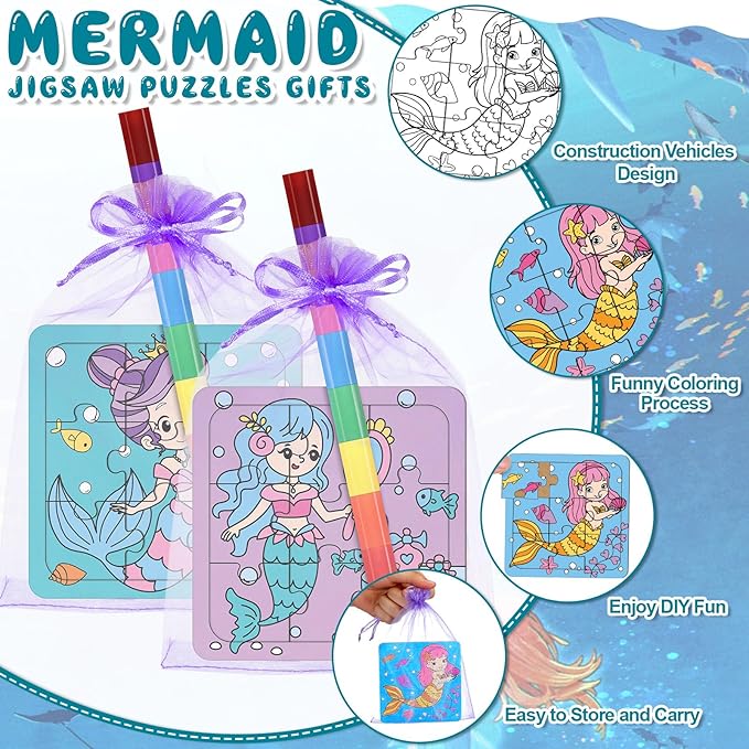Fullhawl 12 Sets Mermaid Puzzles Underwater Color Your Own Puzzles DIY Jigsaw Crafts with 12 Stackable Crayons and 12 Bags for Under The Sea Theme Gifts Birthday Party Supplies(12, Mermaid)