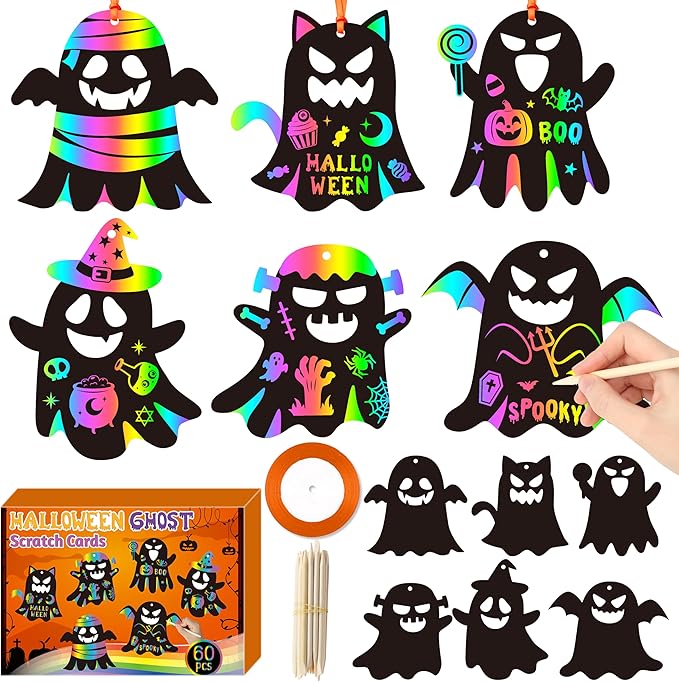 CY2SIDE Halloween Ghost Scratch Cards - 60PCS DIY Boo Spooky Scratch Paper Art for Kids School Activity, Cute Ghost Magic Art Rainbow Color Craft Ornament for Kids Halloween Trick or Treat Party Favor