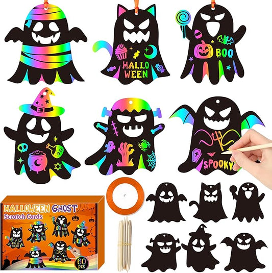 CY2SIDE Halloween Ghost Scratch Cards - 60PCS DIY Boo Spooky Scratch Paper Art for Kids School Activity, Cute Ghost Magic Art Rainbow Color Craft Ornament for Kids Halloween Trick or Treat Party Favor
