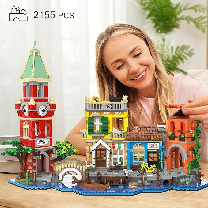 Venice Main Street Building Set for Adults, 2155 PCS City Riverside House Building Block Kit with Light Flower Shop Pizzeria, Home Decor Architecture Brick Model Women Men Teen Girl 12+