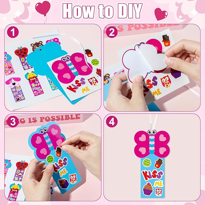 ANGOLIO Valentine's Day Bookmarks Craft Kits - 40Sets Valentine's Day Animals Craft for Kids DIY Make Your Own Heart Animal Set Self-Adhesive Face Stickers for Kids Classroom Gifts Party Supplies